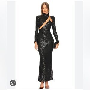 NEW Michael Costello x Revolve Houston Sequins Mesh Maxi Dress in Black.Size M